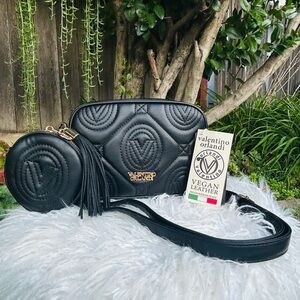 Valentino Orlandi Black Quilted Crossbody Bag with Coin Pouch